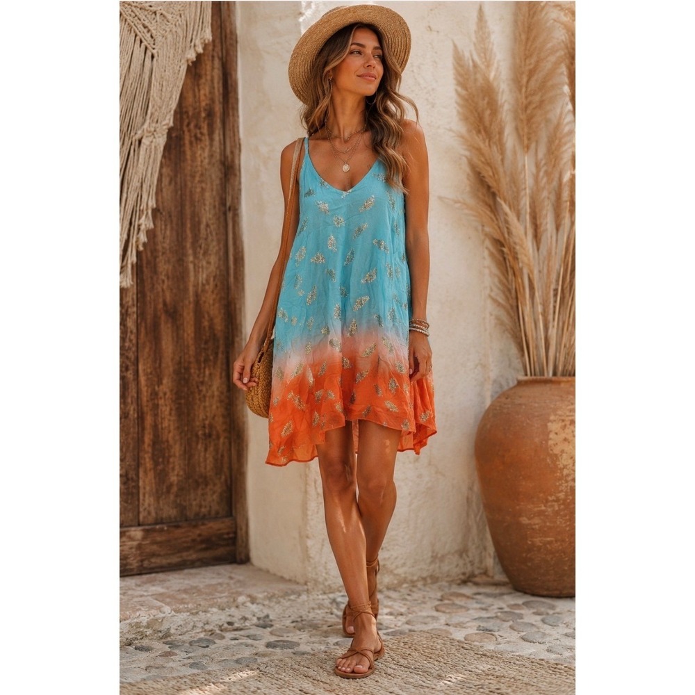 A Rare Bird Turquoise Orange Ombre Gold Feather Slip Dress S/M Pocket NWT